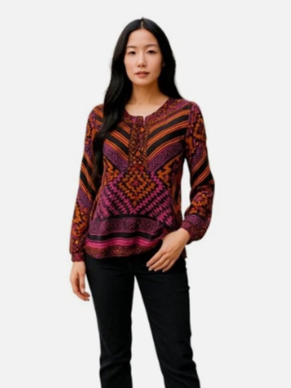 Hale Bob X-Small Multi Color Print All Viscose Blouse Long Sleeves Tie Placard